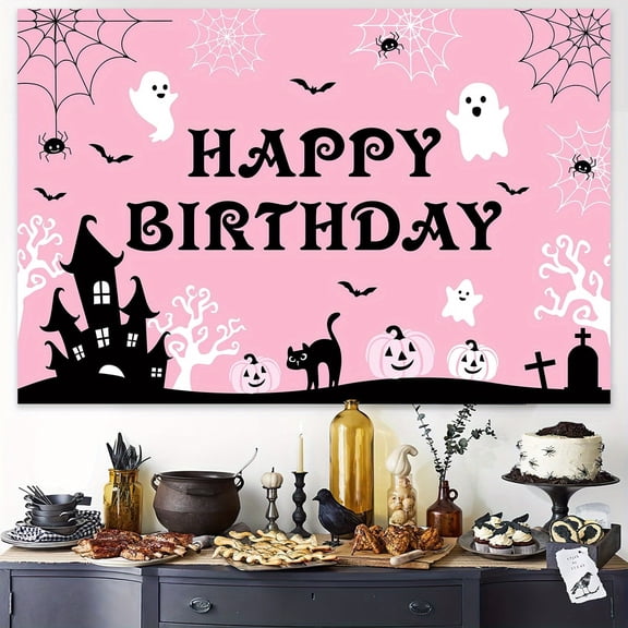 Pink Black Halloween Happy Birthday Backdrop 4.9 x 3.3 ft Spooky Birthday Party Background Banner Vinyl Photo Booth Wall Decoration with Grommets and White Ribbon for Indoor Outdoor Celebration Decor