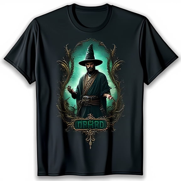 Black T-Shirt with Graphic of Man in Green Robe & Pointy Hat in Vines ORBARD