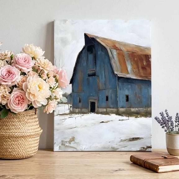 Canvas Wall Art, Blue Brown Barn Framed Canvas Prints for Living Room Bedroom, Winter Farmhouse Country Gallery Wrapped Wall Decor for Home Office, Gifts, 12"x16" Ship Next Day