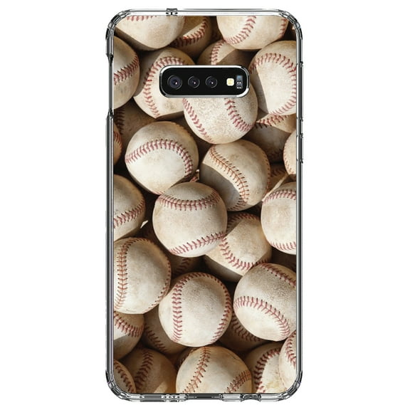 DistinctInk Clear Shockproof Hybrid Case for Samsung Galaxy S10e (5.8" Screen) - TPU Bumper, Acrylic Back, Tempered Glass Screen Protector - Old Baseballs - Baseball