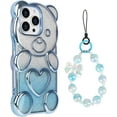 thumbnail image 3 of Compatible with iPhone 15 Pro Max Bling Case Cute Bear Shape Clear Case Detachable Gradient Glitter Paper with Beaded Bracelet Chain for Women Girls Soft TPU Electroplated Phone Cover, Blue, 3 of 6
