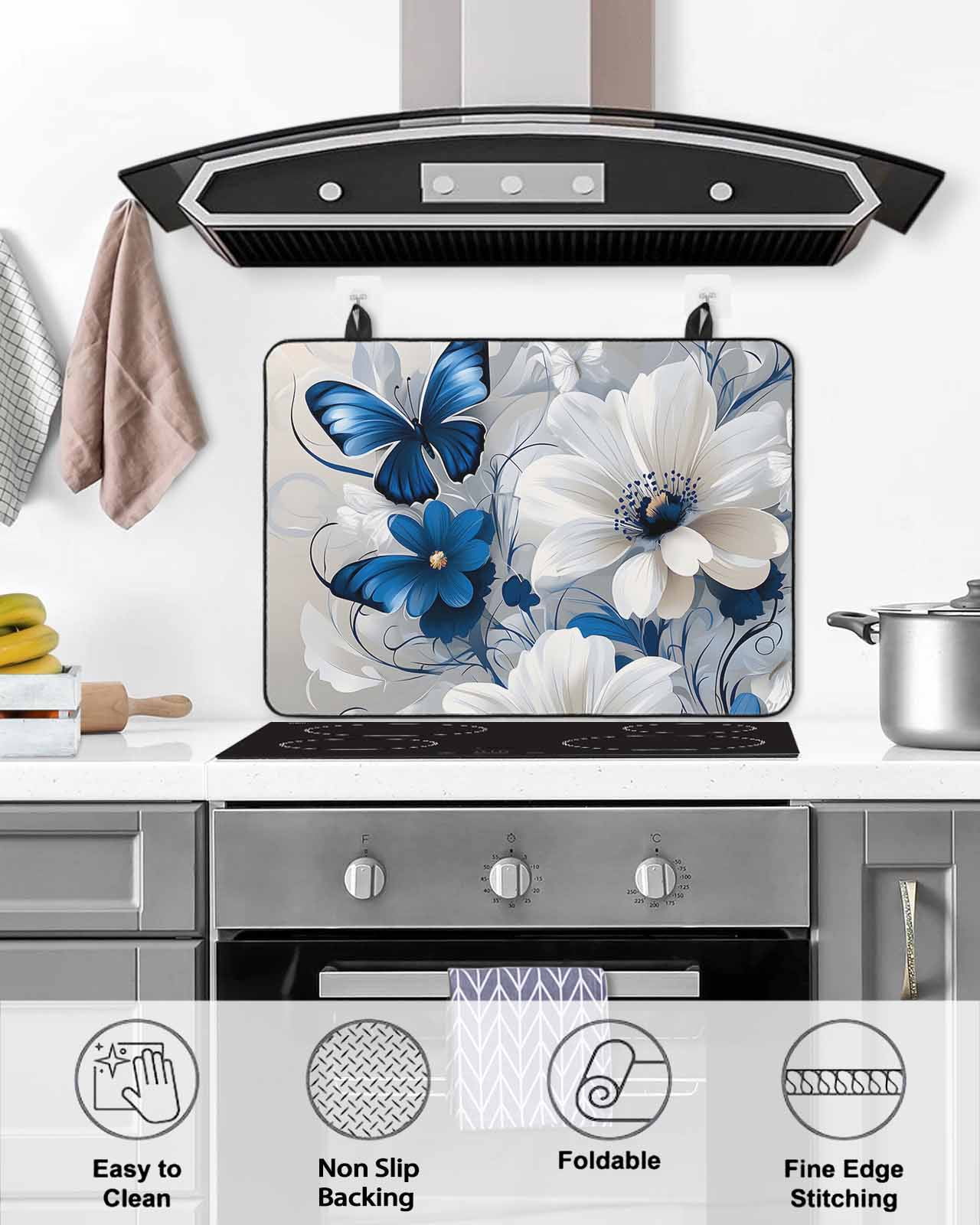 nqOlkjepod Large Induction Cooktop Protector Mat 36"x21", White Blue Flowers Stove Top Covers for Electric Stove, Modern Elegance Butterfly Floral Stove Burner Cover Mats, Glass Top Stove Cover