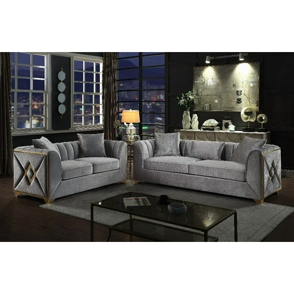 Velencia 2Pc Modern Living Room Set with Gold Accent & Velvet - Silver