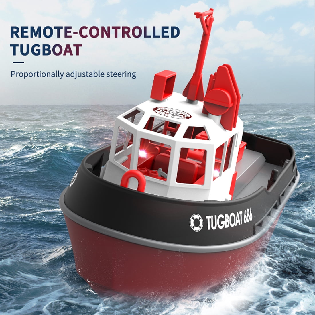 1:72 Scale Dual Motor High Horsepower RC Tugboat, 2.4G Proportional Steering Electric RC Boat with LED Lights & Waterproof Hull for Pools, Rivers & Lakes
