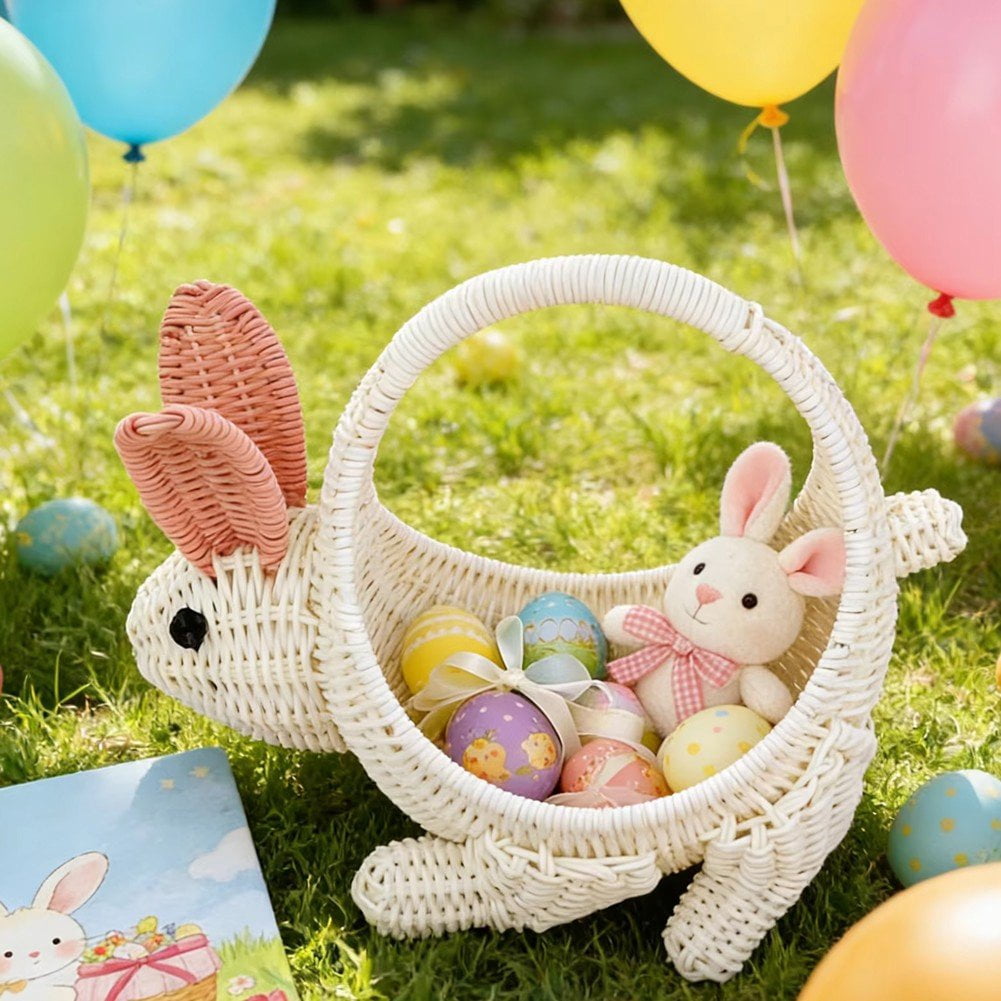 Bunny Shape Woven Basket with Handle Easter Egg Basket Rattan Storage Basket for Fruit Flower Candy and Egg Gathering
