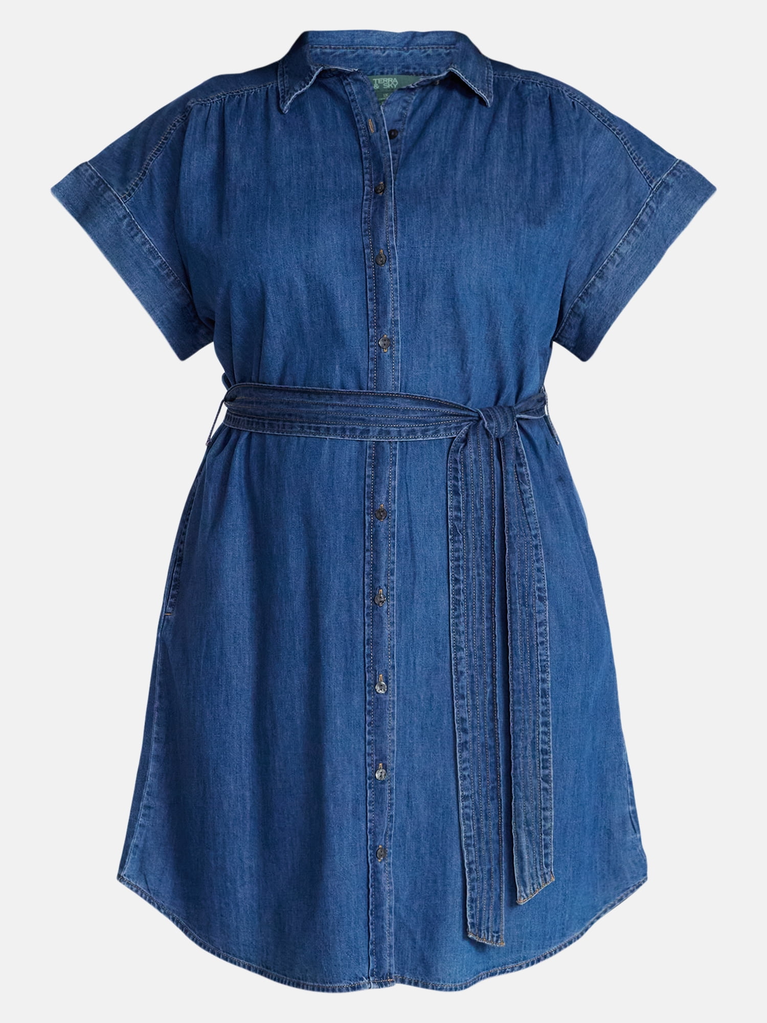 Terra & Sky Women's Plus Mini Denim Shirt Dress, Sizes 0X-5X