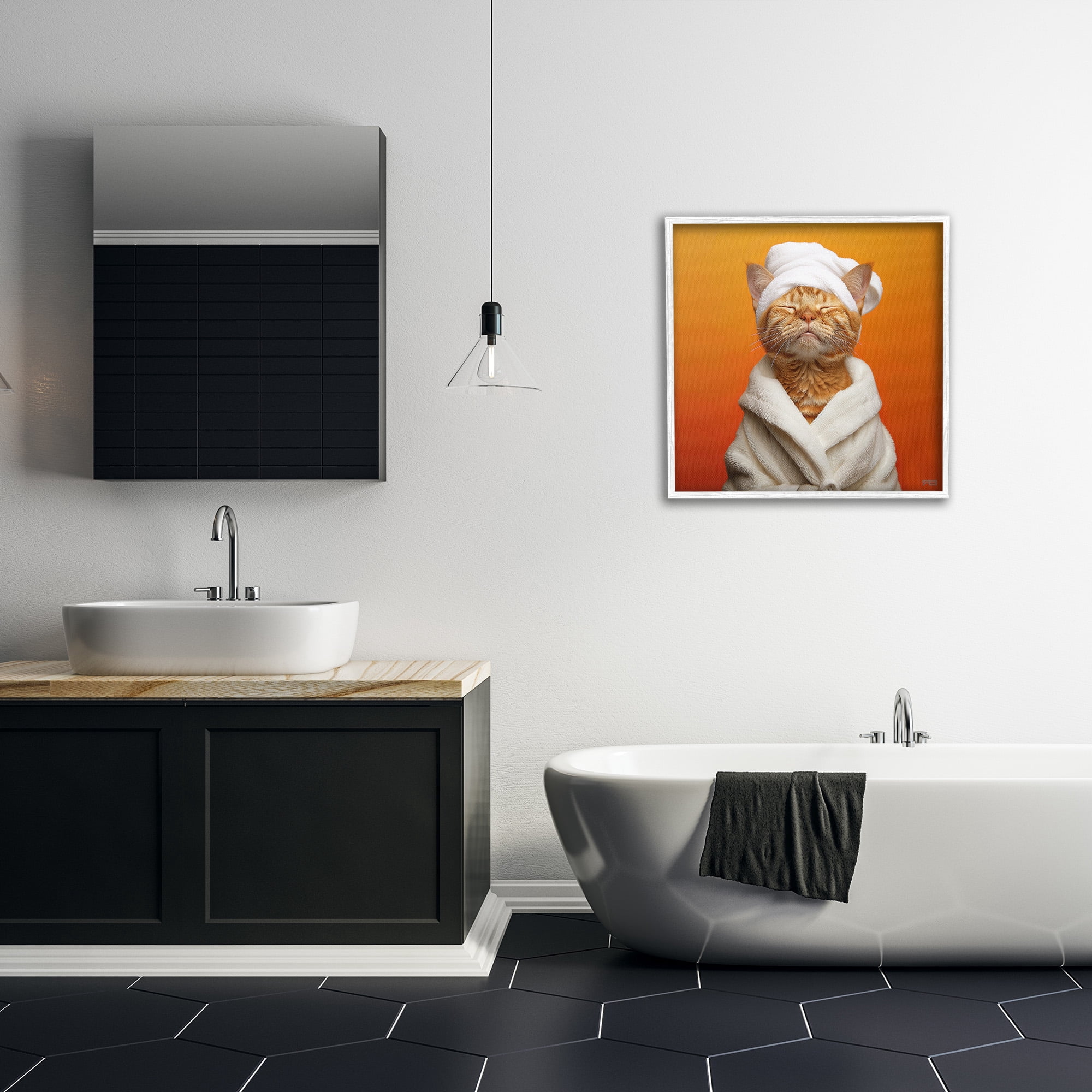 Stupell Industries Cat in Bathrobe Animals & Insects Painting White Framed Art Print Wall Art, 24 x 24