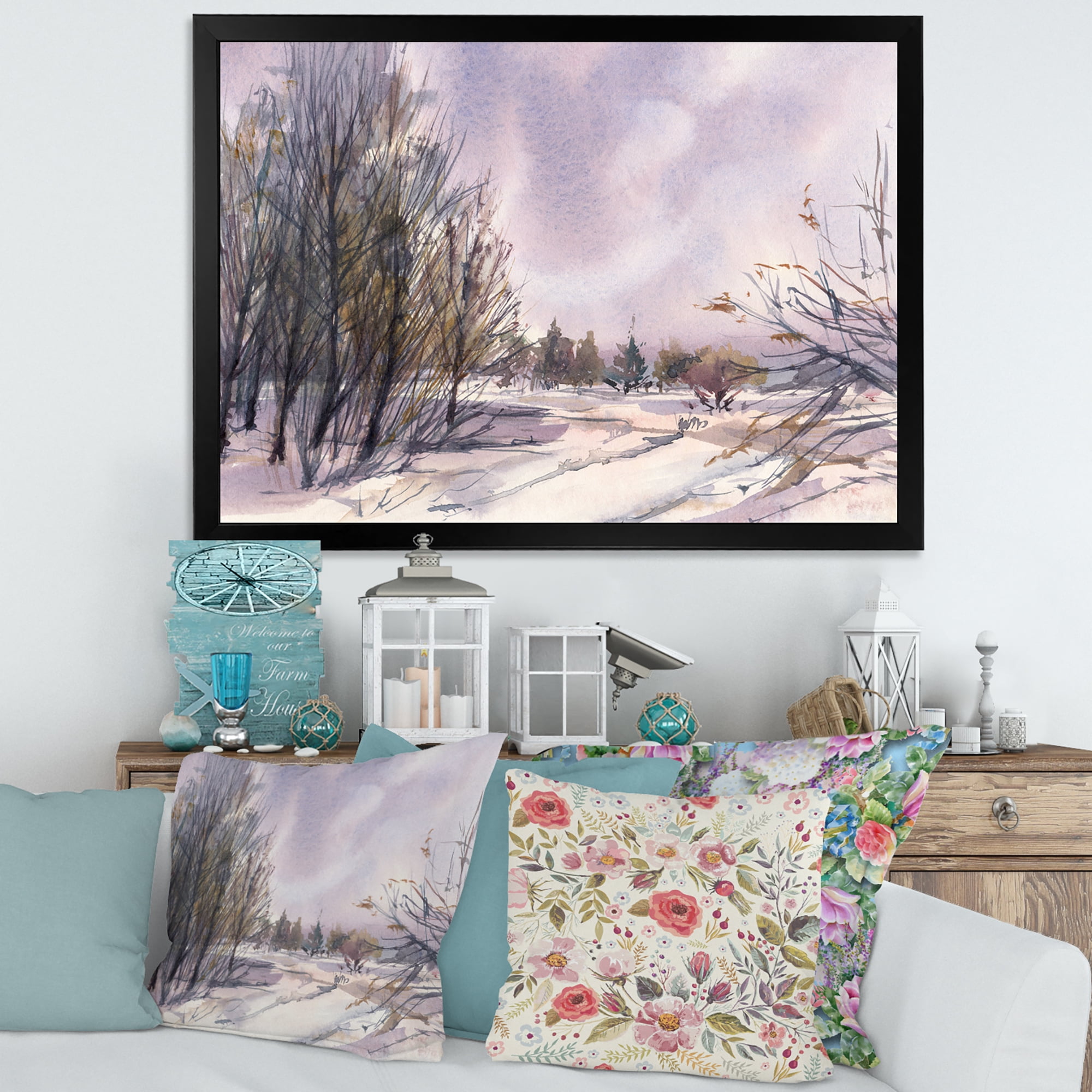 Designart 'Purple Snowy Tones With Winter Landscape' Traditional Framed Art Print