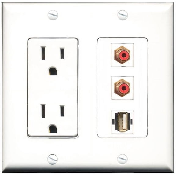 RiteAV - 15 Amp Power Outlet 2 Port RCA Red 1 Port USB A-A Decorative Wall Plate
