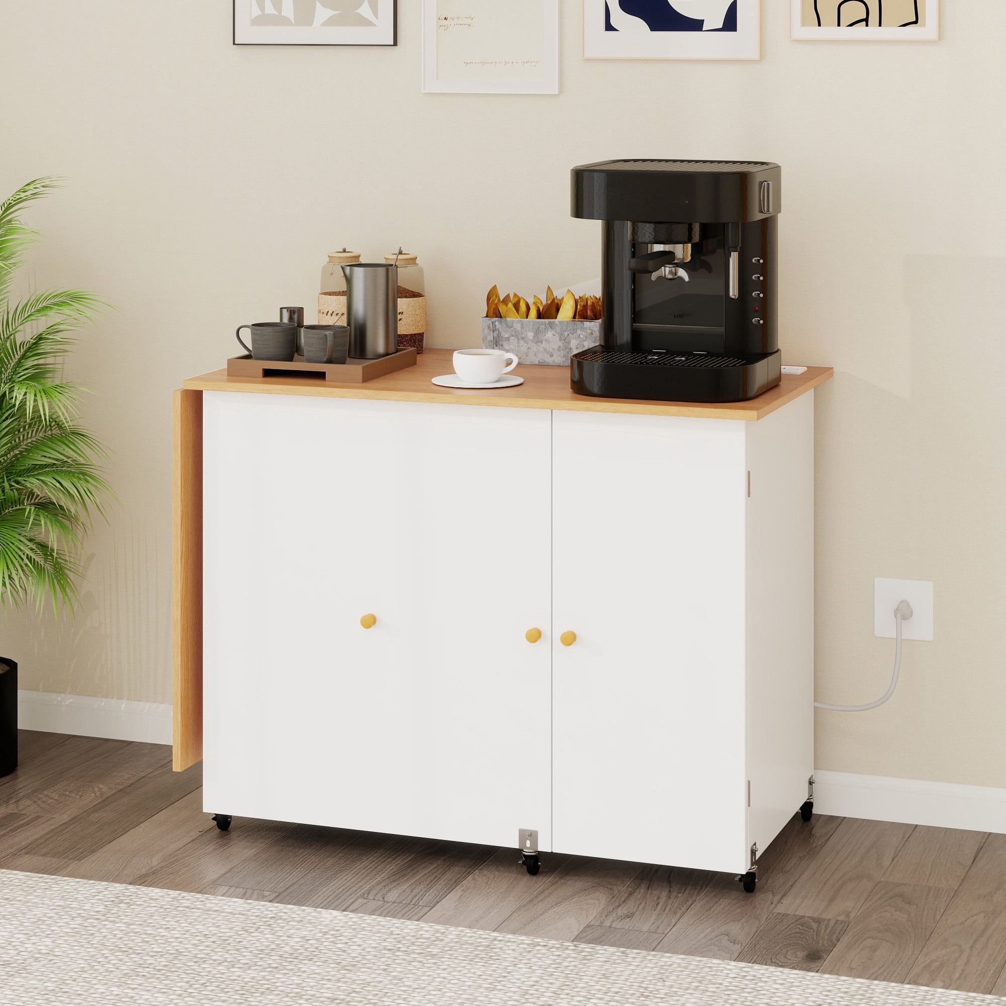 Uforic Folding Sewing Table with Charging Station, Storage Shelves & Lockable Wheels, White & Oak for Home or Craft Rooms