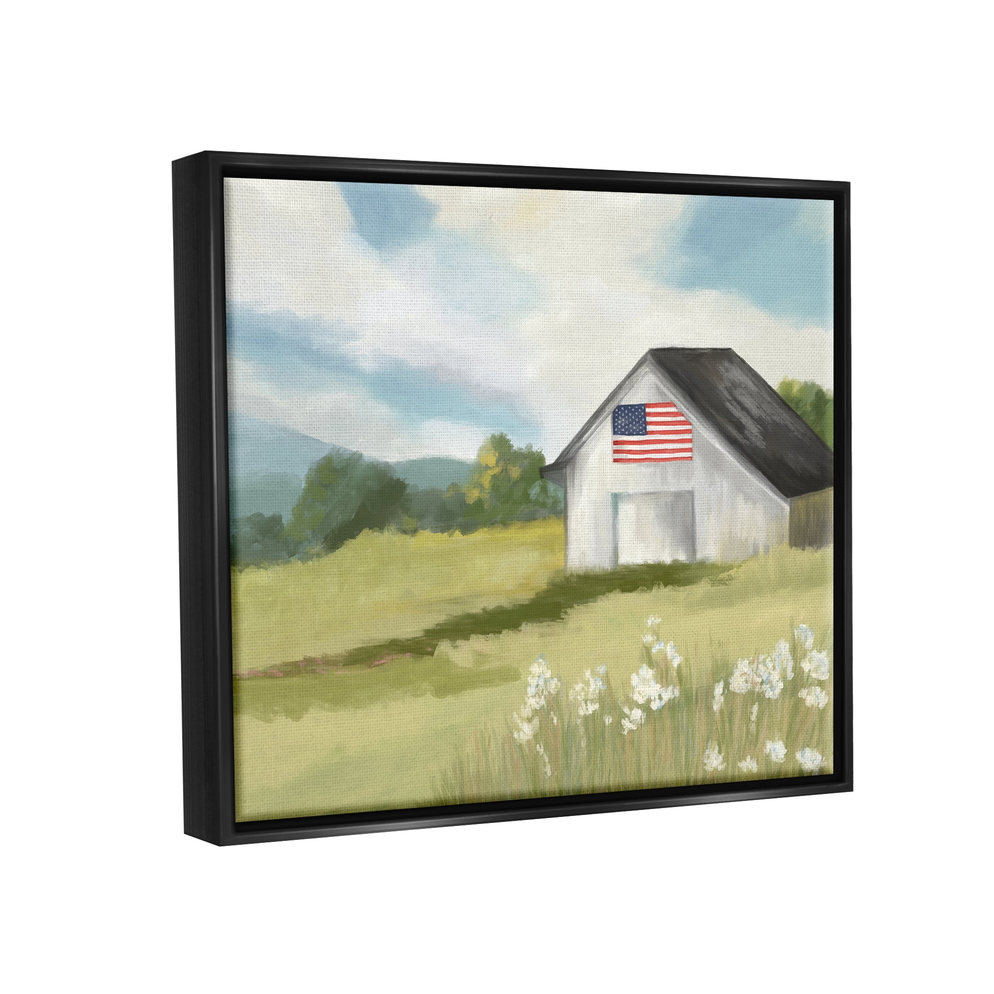 Stupell Industries American Flag on Barn Nature Painting Black Floater Framed Art Print Wall Art, 21 x 17