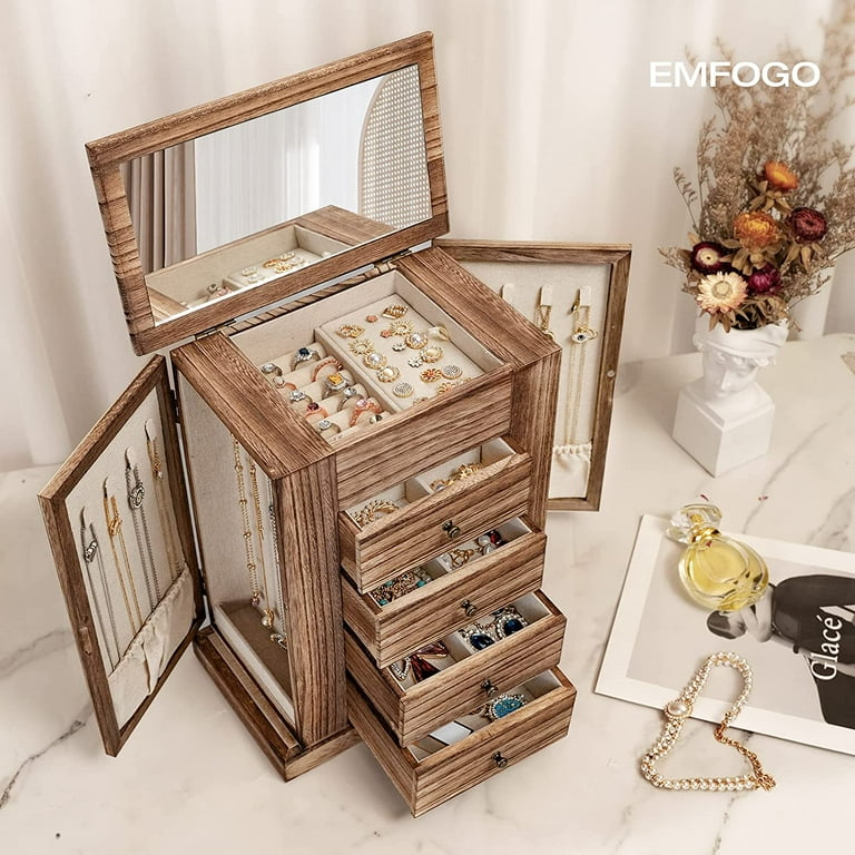 Emfogo Jewelry Box for Women, Rustic Wooden Jewelry Boxes