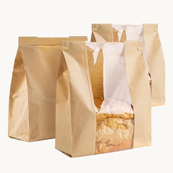 50 Pack Kraft Bread Bags with Window and Twist Tie, Paper Bread Loaf Bags for Food Packaging, Large Bakery Bags for Homemade Bread, Toast, Sourdough and Baked Goods