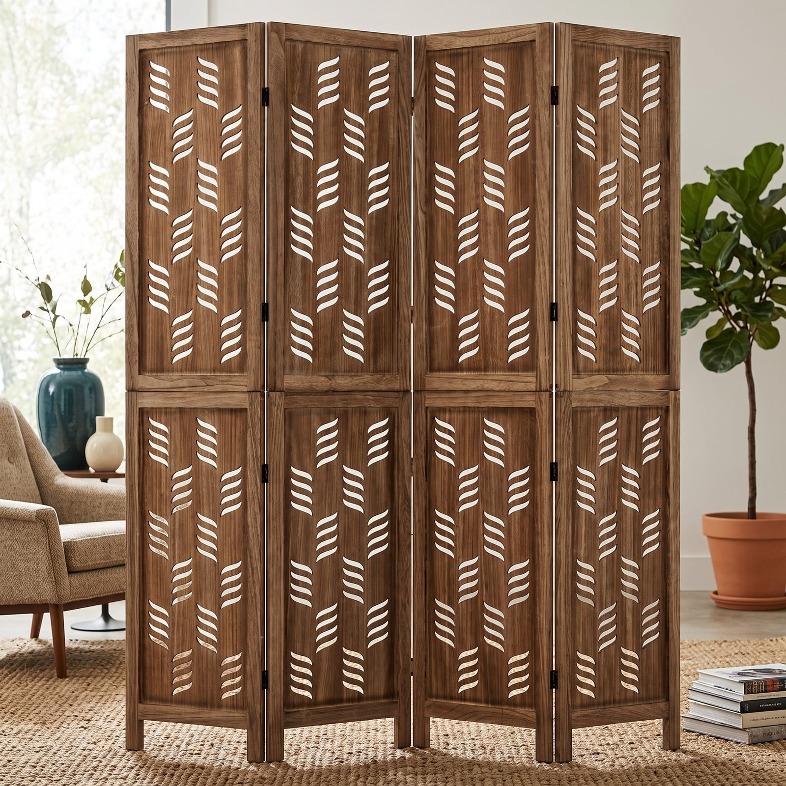 ALPULON 4-Panel Room Divider 5.5 FT Tall Folding Privacy Screen with Wave Cutout and Paulownia Wood Frame for Living Room Bedroom Office, Brown White