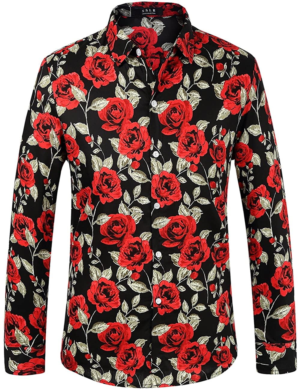 VISIONO Men'S Long Sleeve Printed Shirt,Mens Flowers Shirt Button Down  Shirts Rose Flower Pattern White Men Romantic Loose Long Sleeve Shirt Apply  To