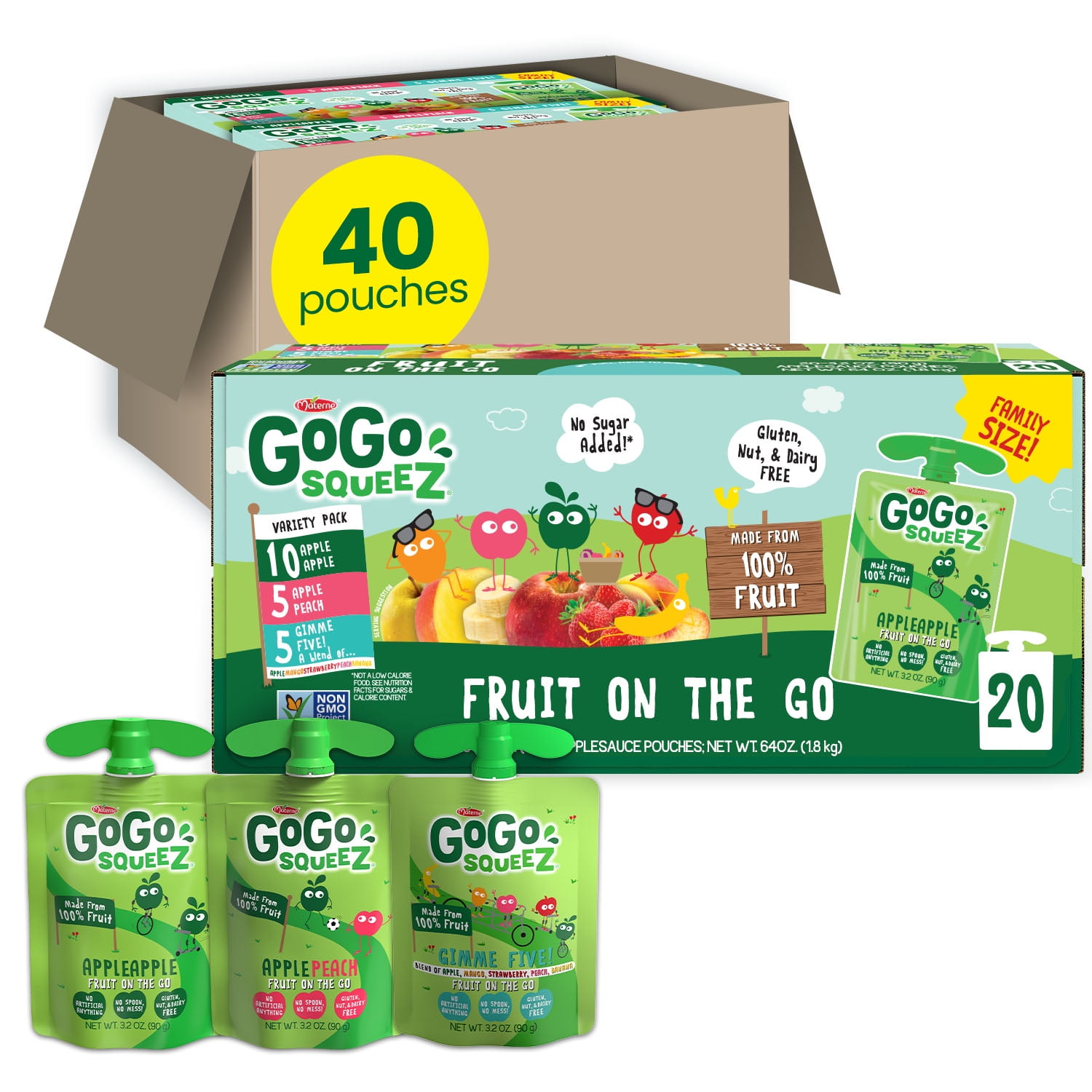 GoGo squeeZ Applesauce and Fruit Puree, Apple Apple, Apple Peach, and Gimme Five! Snack Pouches Variety Pack, 3.2 oz, 40 Pack