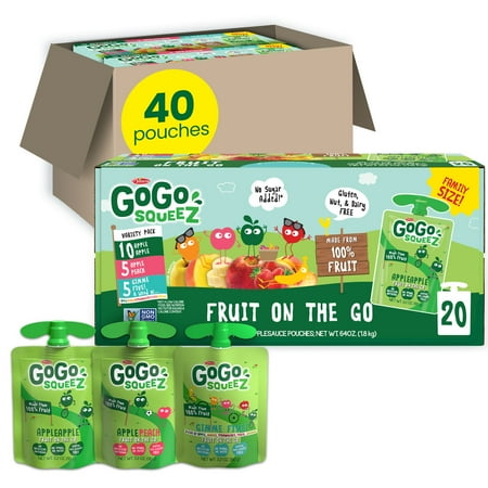 GoGo squeeZ Applesauce and Fruit Puree, Apple Apple, Apple Peach, and Gimme Five! Snack Pouches Variety Pack, 3.2 oz, 40 Pack