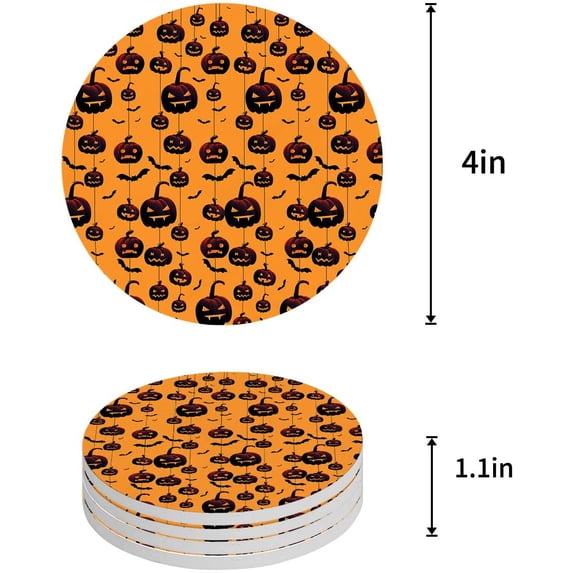 FMSHPON Halloween Pumpkin Bat Black Hallowmas Set of 8 Round Coaster for Drinks, Absorbent Ceramic Stone Coasters Cup Mat with Cork Base for Home Kitchen Room Coffee Table Bar Decor