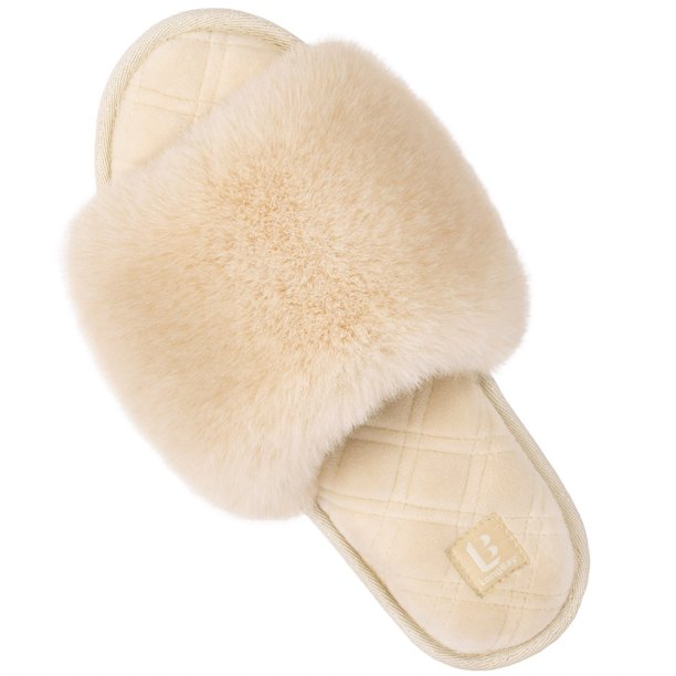 Longbay Womens Fuzzy Faux Fur Memory Foam Cozy Flat Spa Slide Slippers Comfy Open Toe Slip On 8710