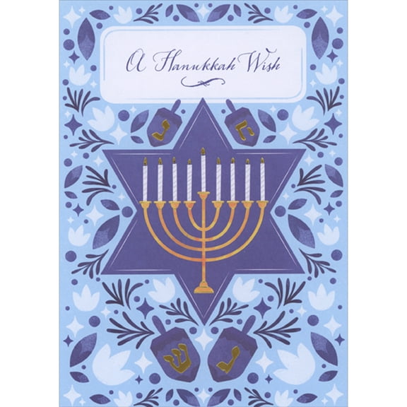 Designer Greetings Gold Menorah Inside Blue Star Over Blue Leaves, Dreidels and White Flowers Box of 15 Hanukkah Cards