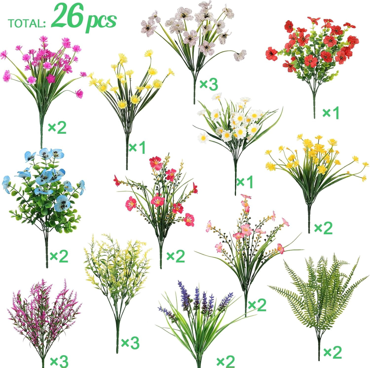 26 Bundles 13 Style Multicolor Artificial Outdoor Flowers, Fake Plastic Plants Faux Lavender Pansies, UV Resistant for Spring Summer Garden Patio Hanging Planter Window Box Vase Decor