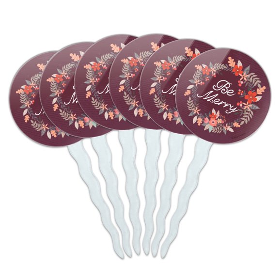 Be Merry Christmas Wreath Cupcake Picks Toppers Decoration Set of 6