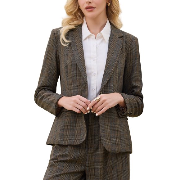 INSPIRE CHIC Women's Houndstooth Plaid Blazer Work Business Casual Suit Jacket for Fall M Brown