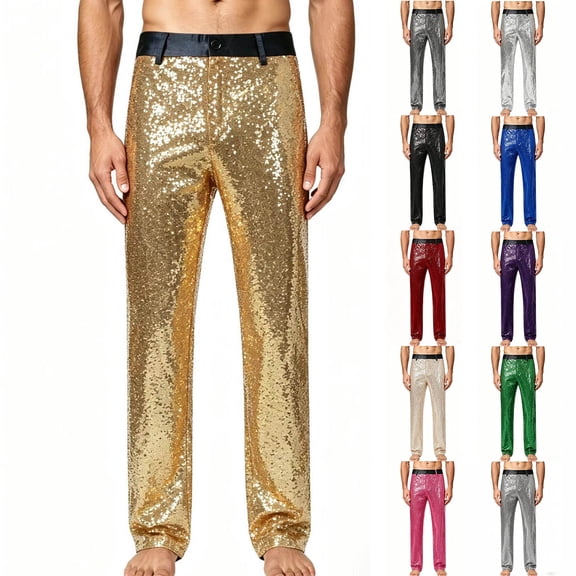 Men Shiny Sequin Straight‑Leg Dress Pants, Glitter Sparkly Waistband Trousers, Nightclub Party Stage Pants