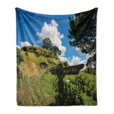 Hobbits Soft Flannel Fleece Throw Blanket, Overhill Hobbit Village in Matamata New Zealand Fantasy Scene House Image Print, Cozy Plush for Indoor and Outdoor Use, 50" x 60", Green Blue, by Ambesonne