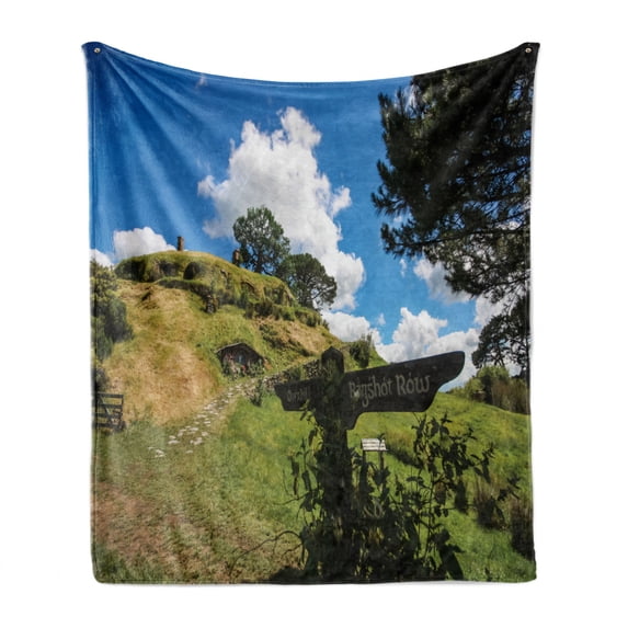 Hobbits Soft Flannel Fleece Throw Blanket, Overhill Hobbit Village in Matamata New Zealand Fantasy Scene House Image Print, Cozy Plush for Indoor and Outdoor Use, 50" x 60", Green Blue, by Ambesonne