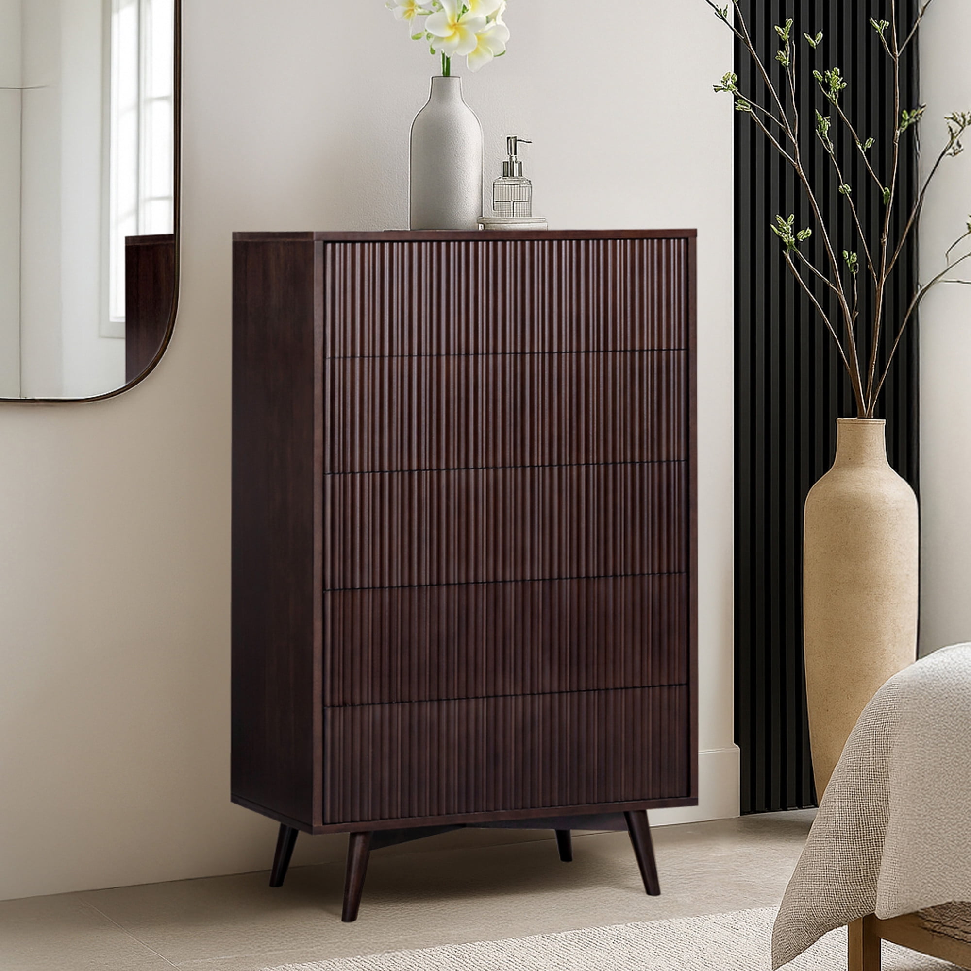 Tremolo 5-Drawer Dresser, Espresso – Teamson Home: Push-Open Chest of Drawers with Natural Acacia Fluted Fronts for Modern Bedrooms & Closet Storage