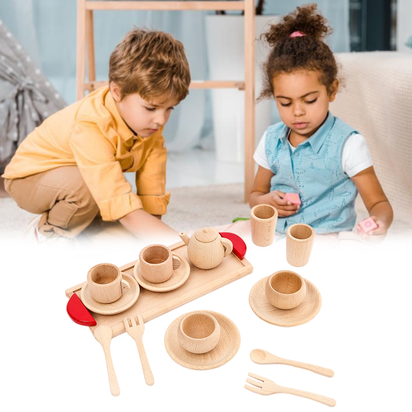 Kids Children Role Play Toy Birthday Gift 16pcs Natural Wooden Tea Set 