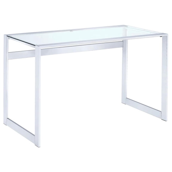 FurniFact Modern Glass Top Desk with Chrome Metal Legs, Sleek Clear Glass Surface