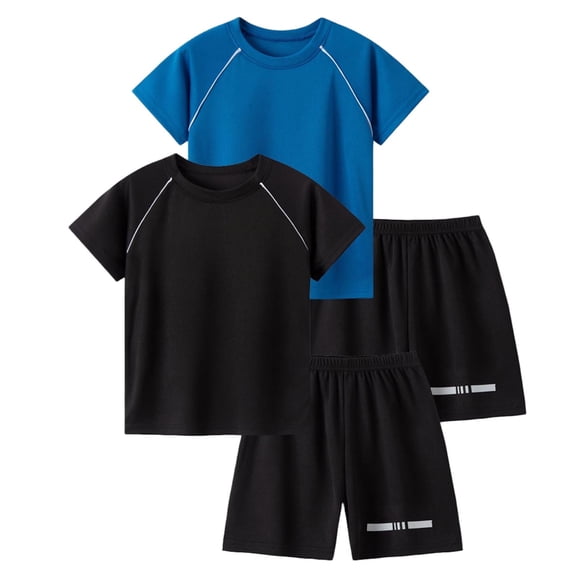 zbxnLI Boys Clothing Set 4 Piece Outfits Summer Loose Athletic Short Sleeve T Shirts and Shorts Plain Workout Running Sets 5-14 Y