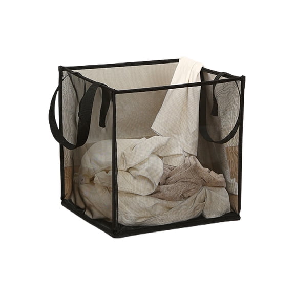Black Black Folding Laundry Basket With Handles Mesh Dirty Clothes Hamper Portable Storage Bag For Bathroom Bedroom Travel