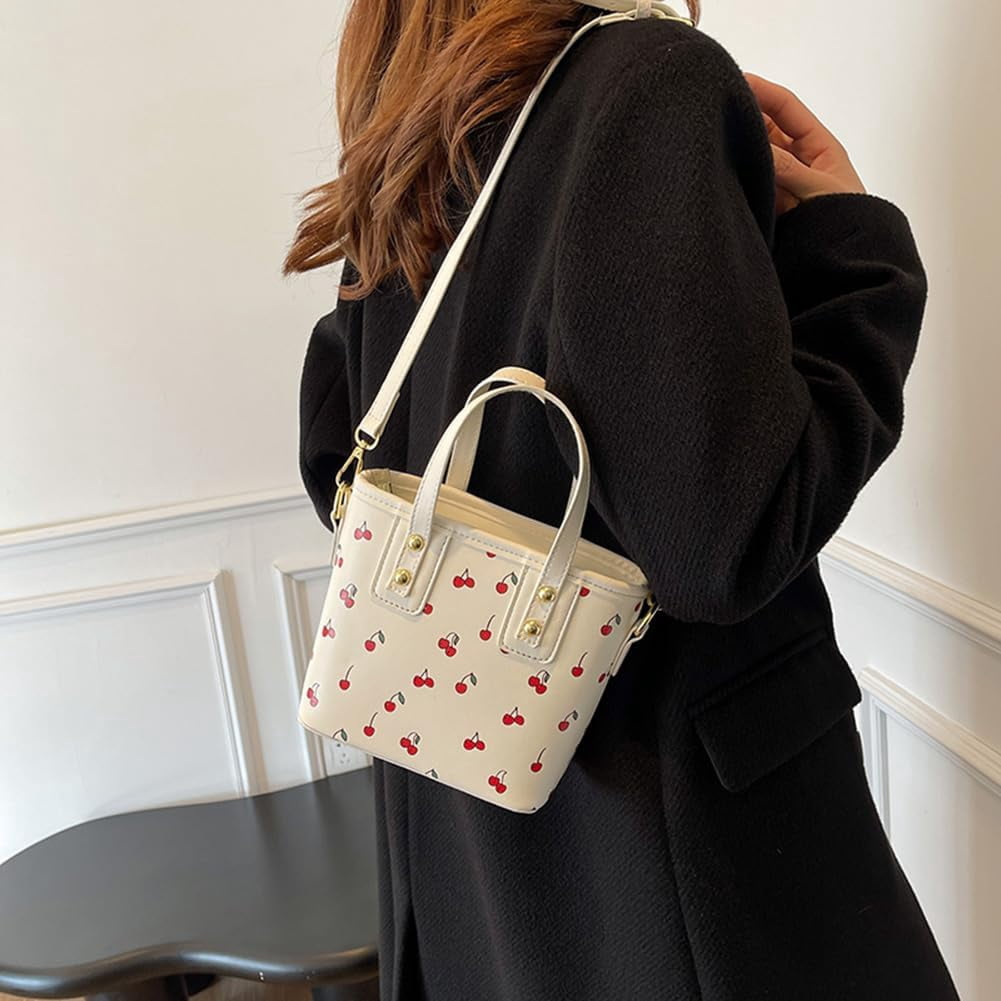 Crossbody Bags for Women, Small Cherry Print Shoulder Bag Cute Leather Tote Bag,Cherry Red Purse with Shoulder Strap