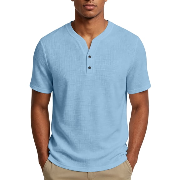 Hearthz Henley Shirts for Men 3 Button Short Sleeve Shirt Men Basic Breathable Moisture Wicking Athletic Fit T-Shirt Men Sky Blue XL