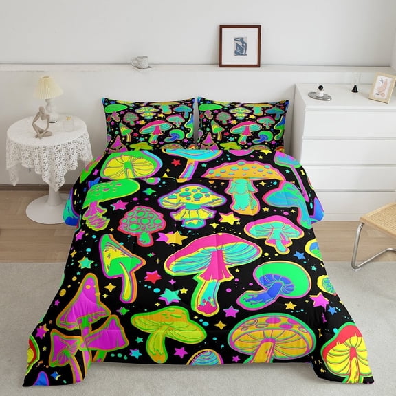 YST Fluorescent Green Bedding Set King Glowing Mushroom Comforter Set, Psychedelic Galaxy Duvet Insert Rainbow Stars Quilt Sets, Orange Pink Wild Fungus Bedding Comforters & Sets Black 3 Piece