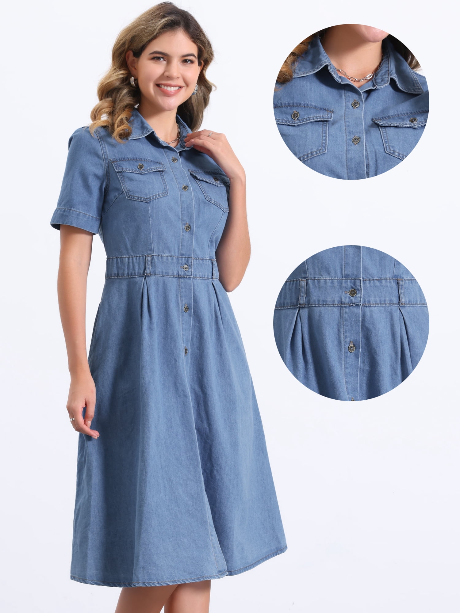 DARING DIVA Denim Collared Short Sleeve A-Line Midi Dress L Light Blue
