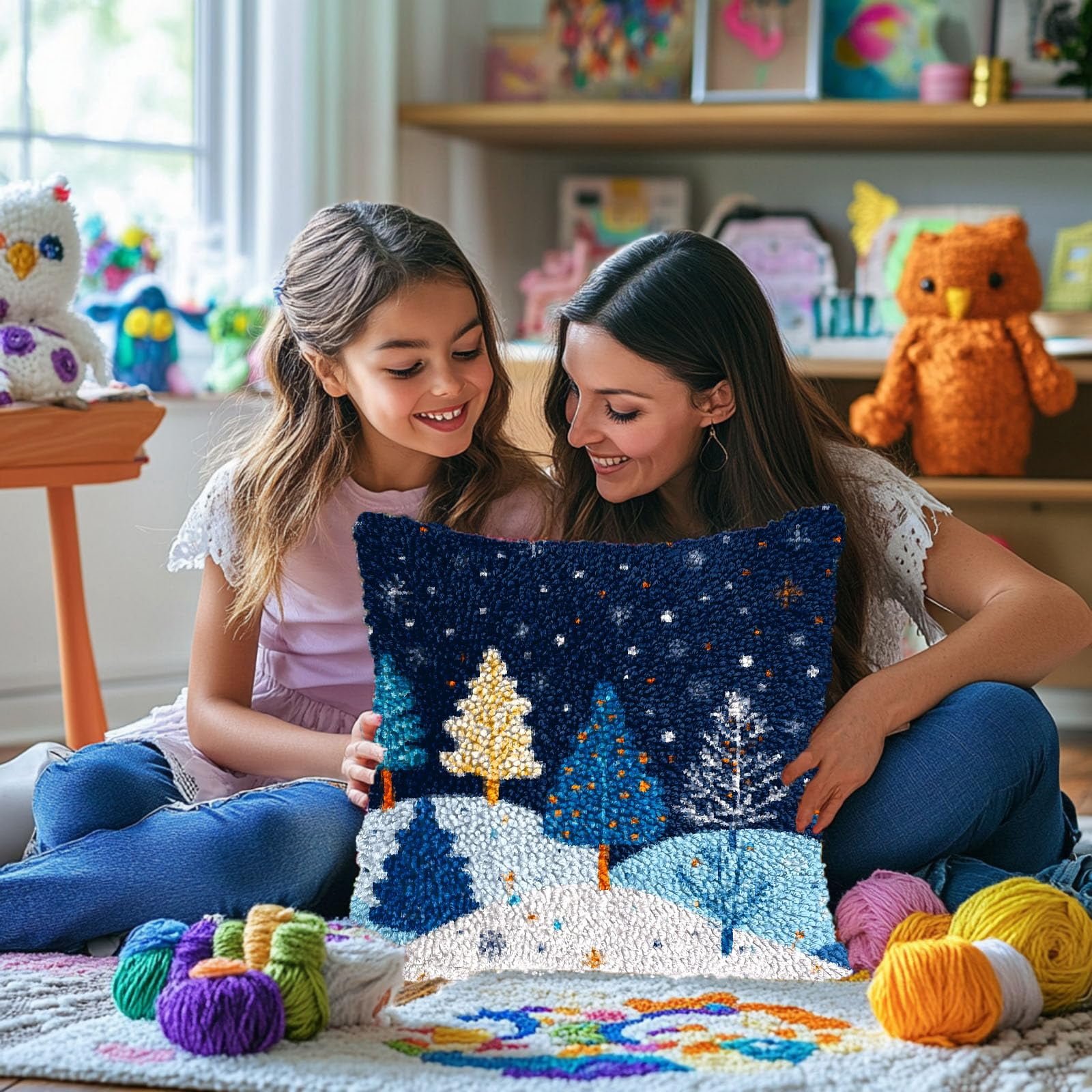 DIY Latch Hook Pillow Kits for Adults Merry Christmas Winter Snow Pine Tree Pillow Cover Printed Pillowcase Crochet Yarns Hooking Handmade Cushion for Home Sofa Decoration 17x17inch(5)