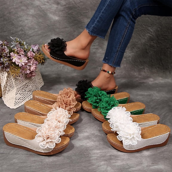 Women's Wide Width Lace Floral Wedge Slide Sandals, Open Toe Platform Mules with 3D Ruffle Flower Detail, Comfortable Casual Shoes for Summer, Multi-Color