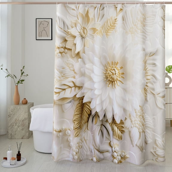 Chic Floral Shower Curtain with Pearl Accents, Luxurious Gold and White Flower Fabric Bathroom Curtain Set, Waterproof & Washable with Hooks - 72x72 Inches