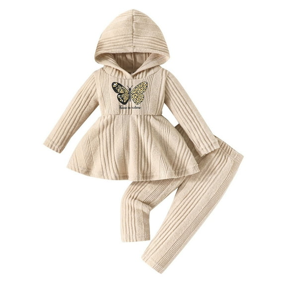 Toddler Outfits for Girls Sets Hooded Top With Bowknot Solid Color Pants Two Piece Casual Fall Girls Clothing Sets Khaki Size 2-3T