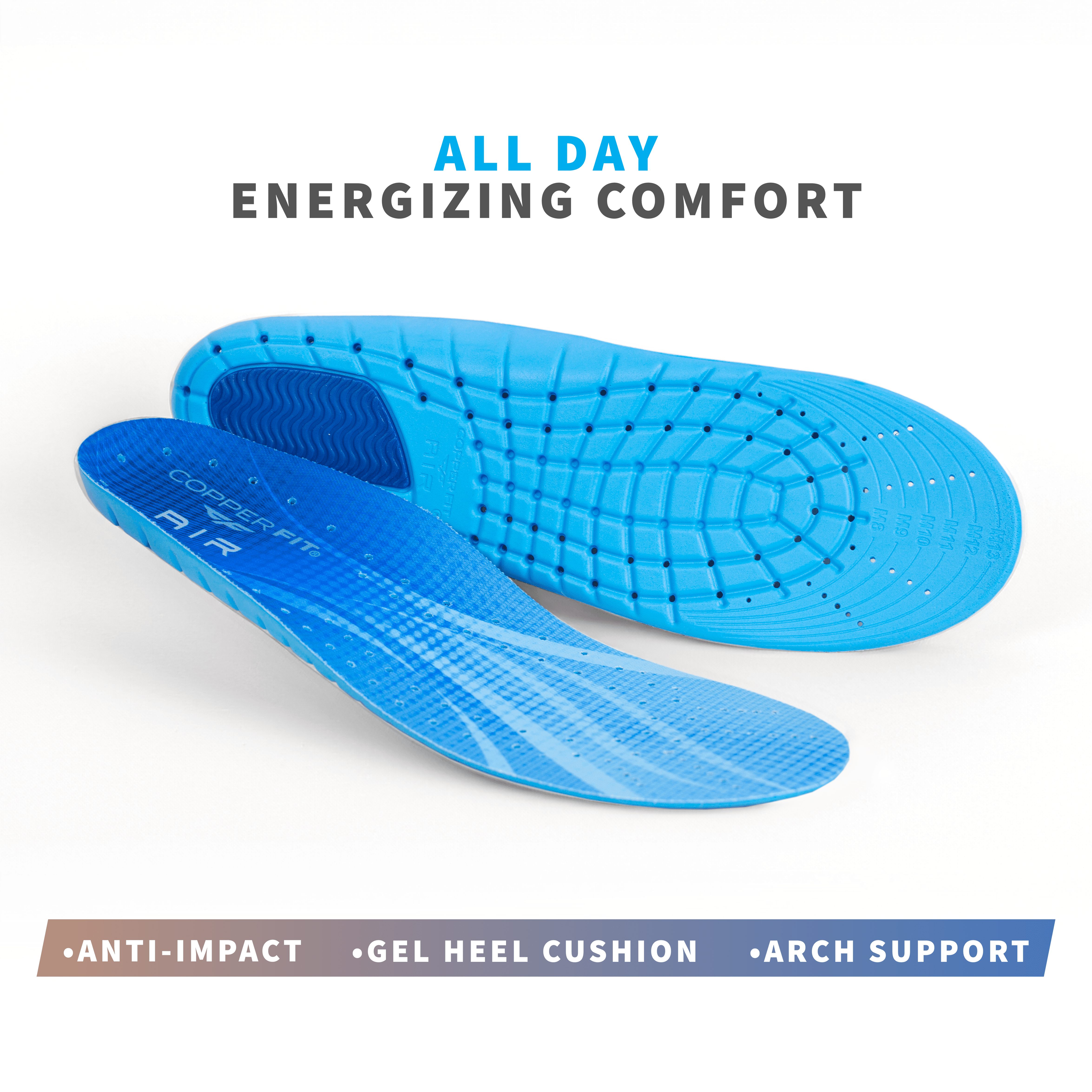 (2 pack) Copper Fit® Anti-Fatigue Work Men's Work Insoles, Ultra Light & Breathable, 8-14