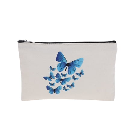 Unique Bargains 1 Pc Blue Butterfly Makeup Bag for Vacation Business Travel White Canvas