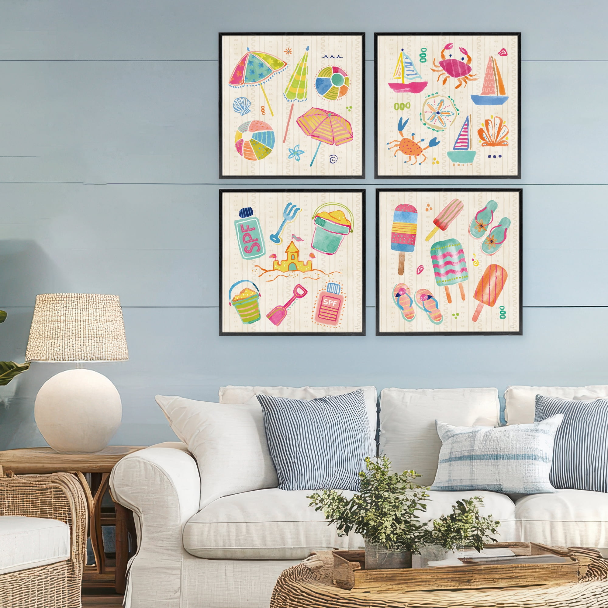 Stupell Industries Beach & Boats Collection 4 Piece Black Framed Giclee Art Set, design by Dina June