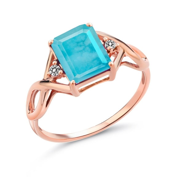 Gem Stone King 1.87 Ct Emerald Cut Green Turquoise White Diamond 18K Rose Gold Plated Silver Ring (Size 6)