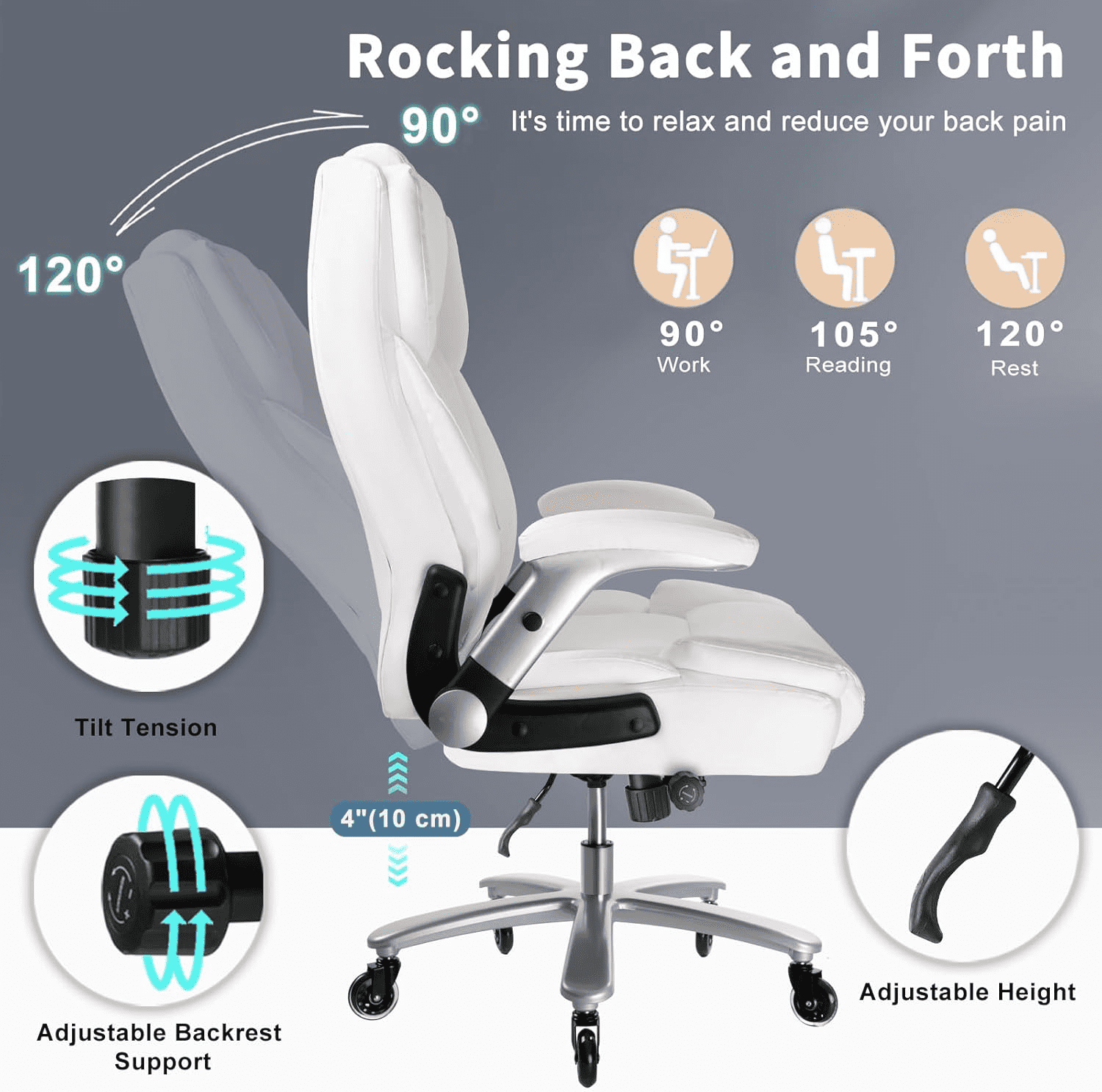 BOSSIN 600lbs Big and Tall Office Chair with Flip up Armrest, Large Heavy Duty with Ergonomic Lumbar Support, Executive Office Chair for Heavy People with Quiet Rubber Wheel(White)