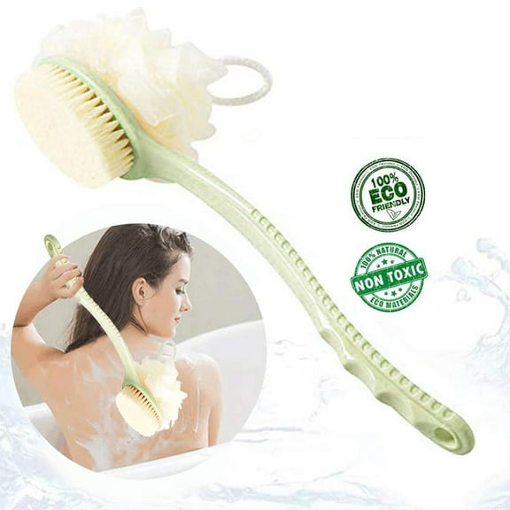 Upgrade Shower Back Scrubber with Bristle and Loofah Massager Bristles, Long Handle Back Body Brush Shower Brush,Loofah Body Scrubber for Women,Men (Green)