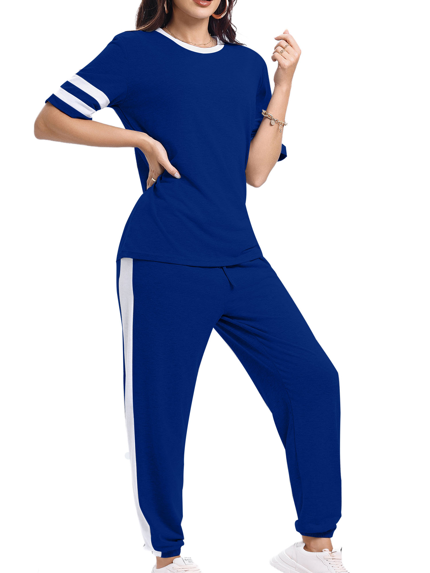 Shine Up Women's Striped Short Sleeve Sweatsuit Set photo 2